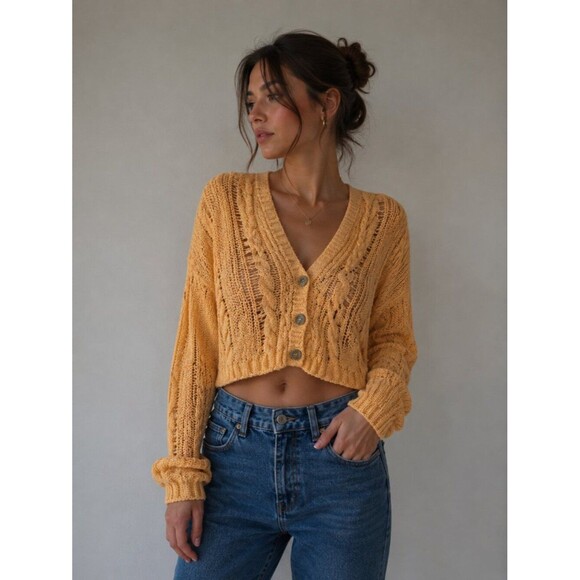 Free People Sweaters - Free People Luxury Cable Knit Cardigan Peach Boho Button Sweater Small